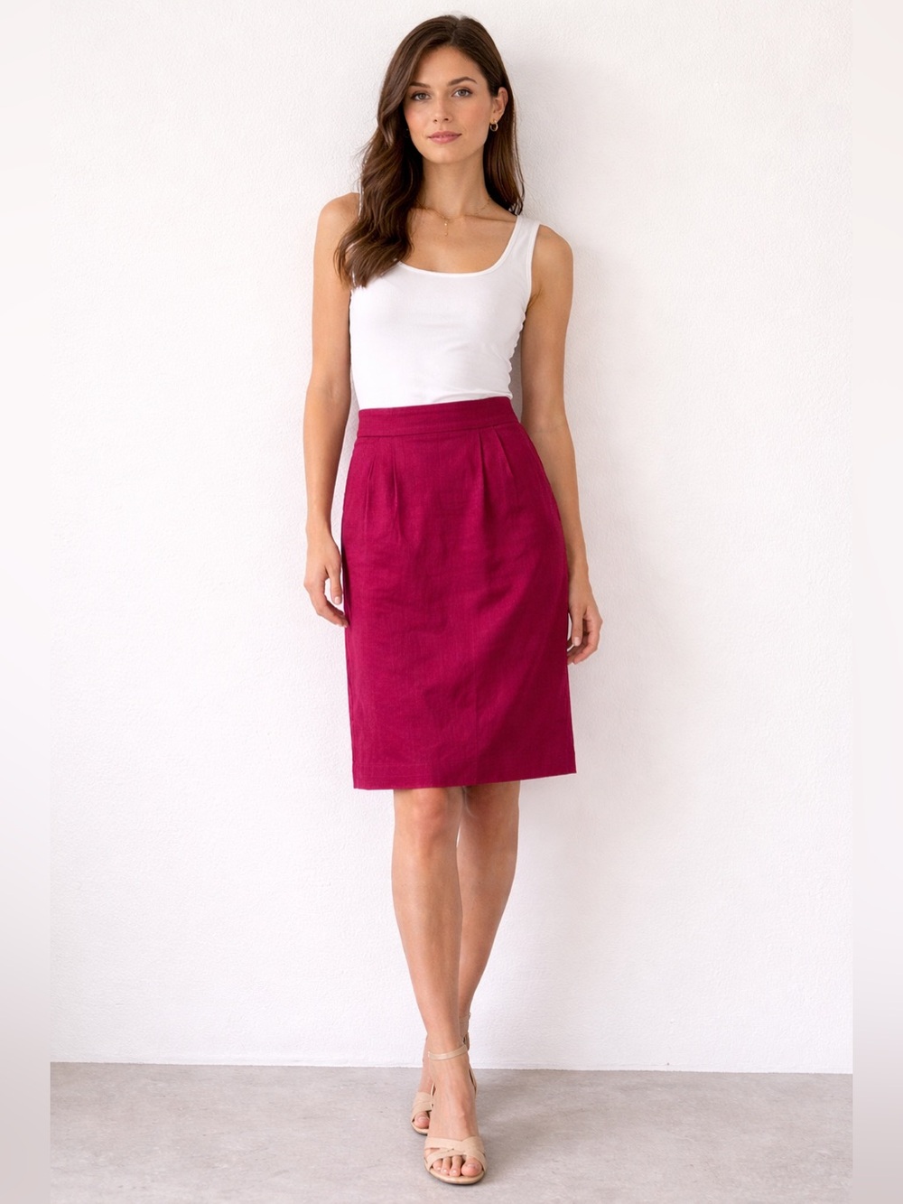 Vintage Silk Magenta Pink High Waist Knee Length Pleated Pencil Skirt - 4P